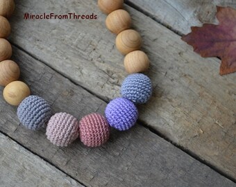 Nursing necklace, Earthy color, Breastfeeding necklace, Teething necklace,For new mom baby,Safe ecofriendly,Crochet necklace Grey lavender
