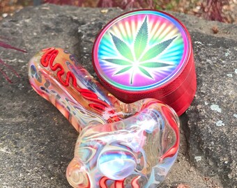 Fire Blaze Tobacco Glass Pipe and Accented Chrome Grinder Set
