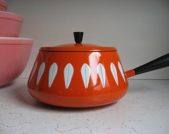 Vintage Cathrineholm Orange/White Lotus Design Fondue Pot, Danish Modern Enamelware, Enamel Pot