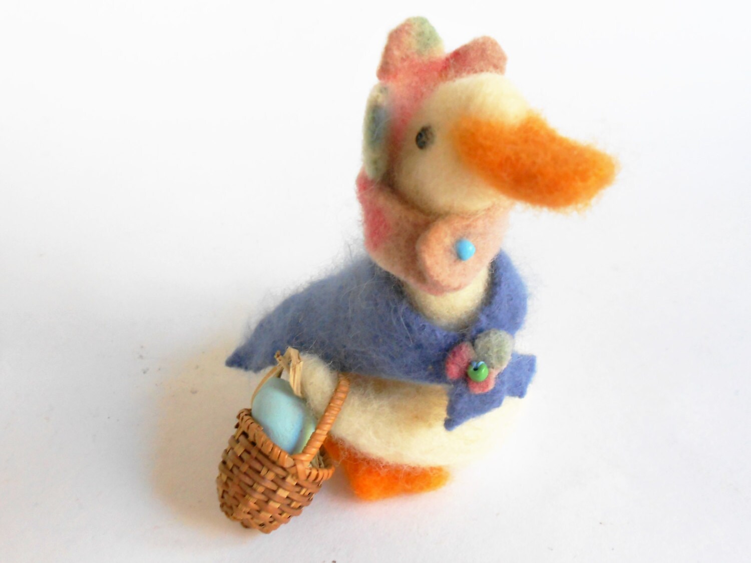 Needlefelted goose duck bird animal toy with basket and egg