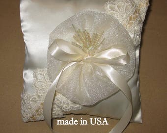 Ring pillow wedding, ring bearer pillow, wedding ring pillow, ivory satin antique lace
