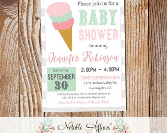 Modern Ghost Mint Light Pink Ice Cream Cone Sweet Dessert Baby Shower Invitation - heres the scoop - ice cream sundae party shower invite