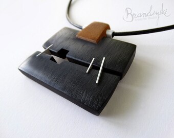 Wooden Necklace. Original Handcrafted: black ebony, rose wood, aluminum, leather cord