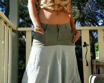 Boho Festival Pants- grey waistband, Green and White striped. Size 12.