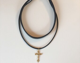 Two Strands Cross Charm Leather Necklace, Bohomian Choker, Gold Cross Charm, Cross Necklace, Cross Choker, prom2017, Promotional Jewelry