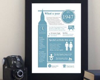 70th Birthday Personalised 1947 Print/ Born in 1947 Print/ Gift for Grandma/ Gift for Grandad/ Gift for Mum/ Gift for Dad