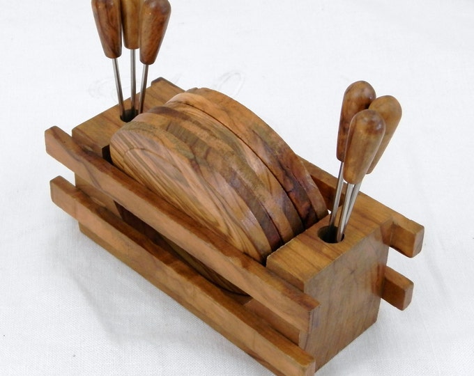 Vintage Set of French Olive Wood Mid Century Snail Forks, Holder and Plates, French Cuisine, Retro France, French Kitchenware, Cocktail Vintage Set of French Olive Wood Mid Century Snail Forks, Holder and Plates, French Cuisine, Retro France, French Kitchenware, Cocktail