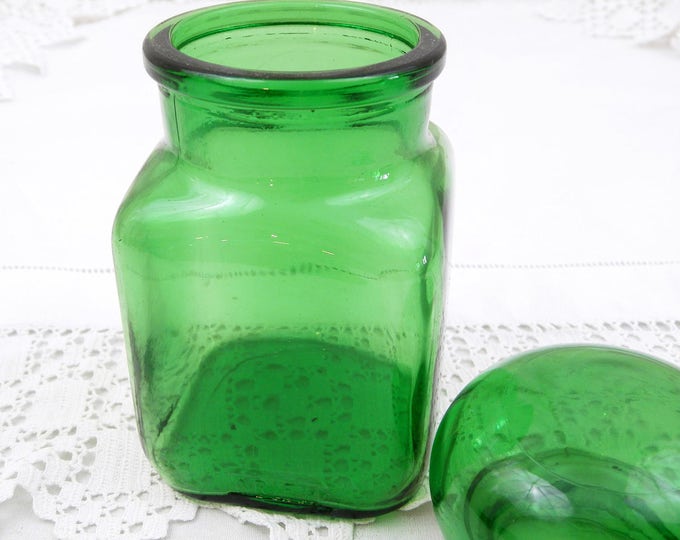Small Square Vintage Mid Century French Green Glass Apothecary Jar with Glass Lid, Country Decor, Brocante, Vintage Style, Kitchen, Storage