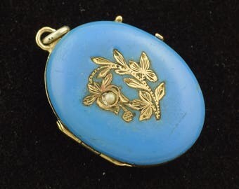 Victorian Locket Turquoise Blue Enamel Seed Pearl Antique ~ Lot 1314