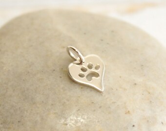 925 Sterling Silver Heart Paw Print Charm -- One Piece