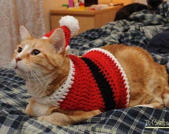 Crochet Santa Suit Cat Sweater- Ugly sweater for cats- Holiday Cat Sweater- Clothes for cats