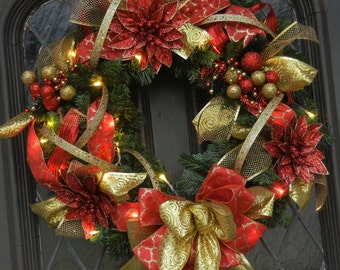 Lighted wreath, Christmas wreath, bathery operated, red gold wreath, Christmas door hanger, battery operated lights,