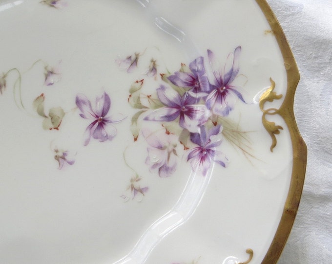 Vintage Limoges France Plate, LS & S Violets, Handpainted, Gold Rim, Wall Plate, 9 Inch