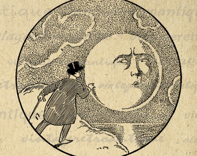 Printable Graphic Antique Man and Moon Download Digital Image Illustration Vintage Clip Art Jpg Png Eps HQ 300dpi No.1933