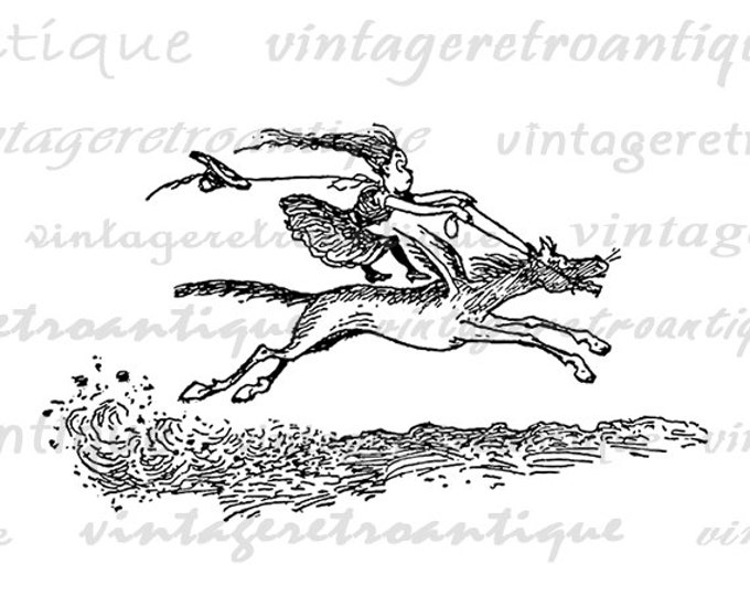 Cartoon Girl Riding Horse Image Digital Printable Download Graphic Antique Clip Art Jpg Png Eps HQ 300dpi No.2778