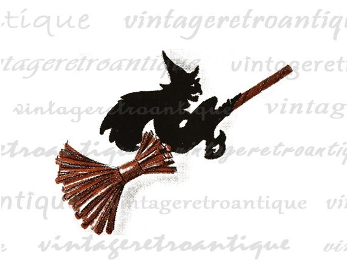 Digital Witch Riding Broomstick Printable Image Halloween Download Graphic HQ 300dpi No.731