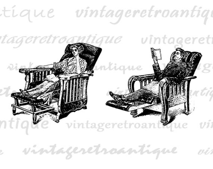 Printable Graphic Antique Man and Woman in Recliner Image Furniture Chair Download Digital Vintage Clip Art Jpg Png HQ 300dpi No.1219