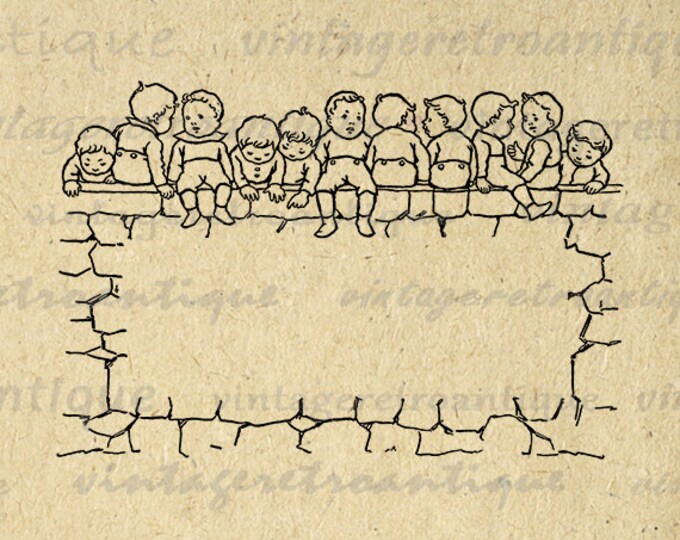 Children Sitting on Wall Printable Image Graphic Download Digital Vintage Clip Art Jpg Png Eps HQ 300dpi No.3285