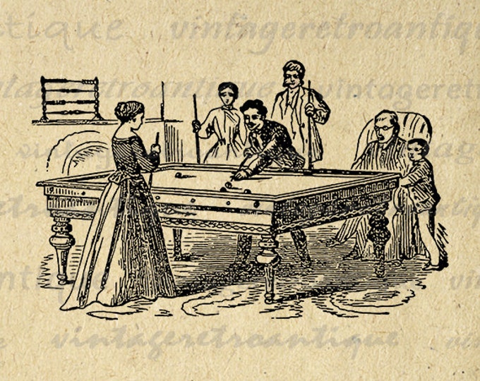 Playing Billiards Pool Table Digital Image Download Printable Graphic Vintage Clip Art Jpg Png Eps HQ No.3717