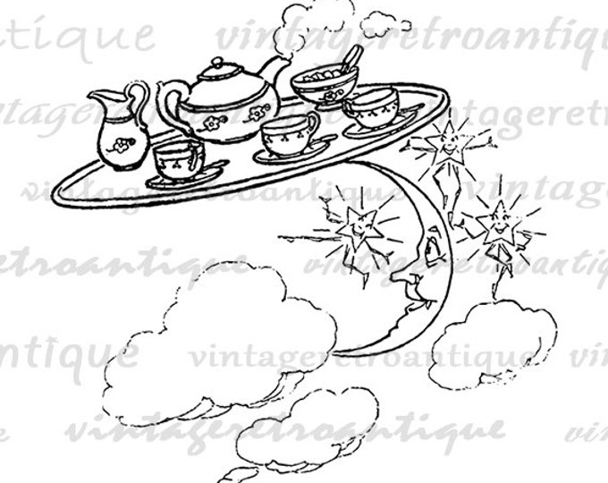 Printable Digital Moon and Stars Tea Party Image Download Graphic Antique Clip Art Jpg Png Eps 18x18 HQ 300dpi No.2546