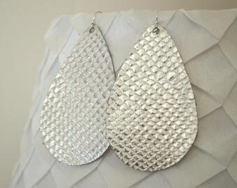 SILVER METALLIC Leather Teardrop Earrings- Leather Teardrop Earrings- Big Leather Earrings- Statement Earrings
