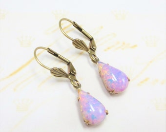 Pink Fire Opal Earrings Pink Opal Earrings Pink Teardrop Vintage Glass Harlequin Opal Gift