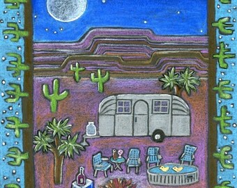 DESERT CAMPSITE Art Print,Airstream Trailer,Cactus Art,Desert Landscape,Campfire,Joshua Tree,Lawn Chairs,Rubber Ducks,Wine,Mountains,Camping
