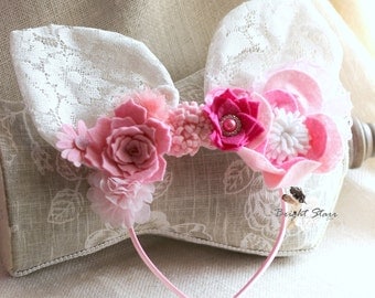 Pink bunny ears - Felt headband - Bunny ears headband - Lace bunny ears - Easter headband - headband Easter - Flower headband - flower ears