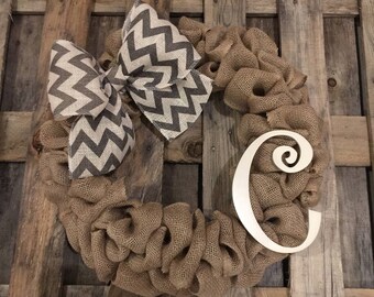 Monogram Initial C Burlap Wreath / Front Door Wreath / Rustic Wedding Decor Gift / Rustic Wreath / Front Door Initial C Hanger