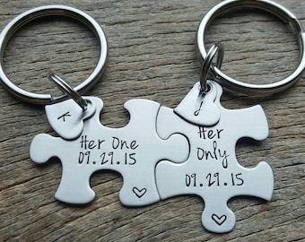 Couples Custom Puzzle Piece key Chain Gay/Lesbian LBGT Set Her One Her Only anniversary with Initial Hearts gift for Her Personalized