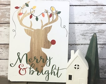 Merry & Bright Reindeer Christmas Wood Sign