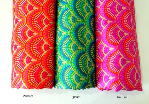 Indian Cotton fabric in bright colors fuchsia, green, orange, floral fabric, geometric flower print cotton, half yard