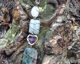 Love silver heart amethyst stone rose quartz blue shell crystal point handmade wire wrapped roach clip