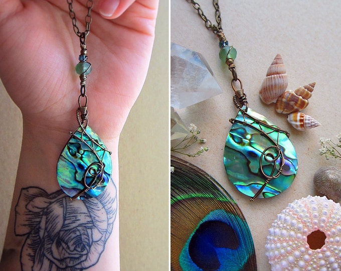 Wire wrapped necklace "Mermaid Spirit" with abalone pendant paired with faceted Czech glass beads. Custom chain length.