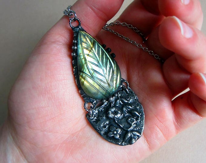 Necklace "Flower Fairy" with gorgeous rare carved labradorite and rustic floral pendant. Custom length stainless steel chain.