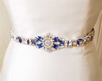 RESERVED For Yevette- Blue White Opal Crystal Bridal Belt-Vintage Wedding-One of a Kind Hand Stitched