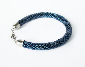 Thin blue line bracelet Seed glass bead crochet bracelet Navy blue naval bracelet Crochet bead rope bracelet Anklet Beadwork jewelry Bangle