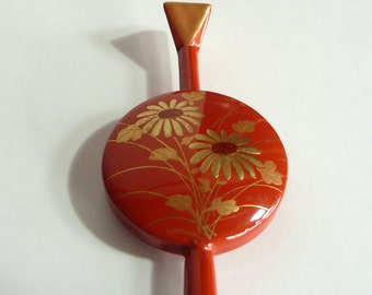 Vintage kanzashi - hair stick - Japanese vintage - wood - "urushi" lacquer - chrysanthemum and bamboo - WhatsForPudding #1993