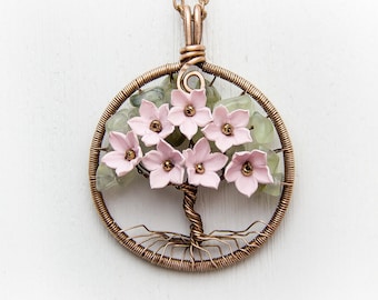 Tree-Of-Life Necklace Pendant 1.6" Copper Wire Wrapped Pendant Green peridot Wired Copper Jewelry Wire Wrapped Tree Pink Necklace Rustic
