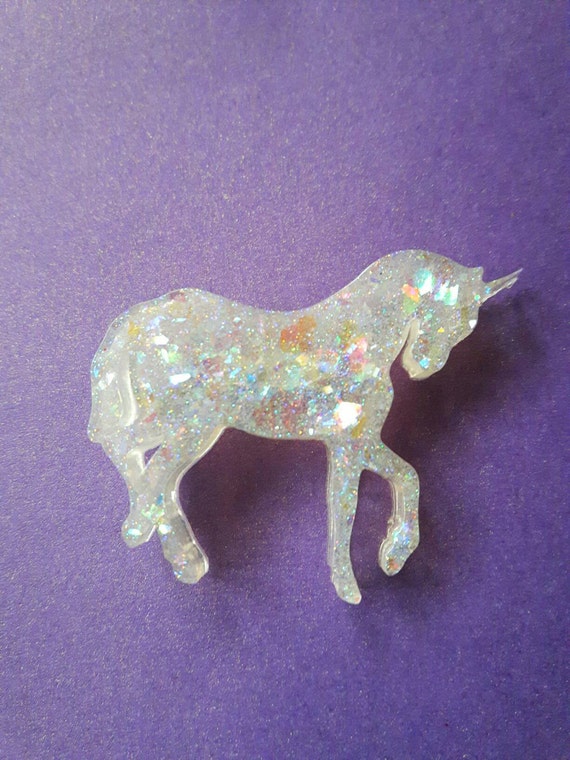 Resin unicorn rainbow glitter iridescent brooch