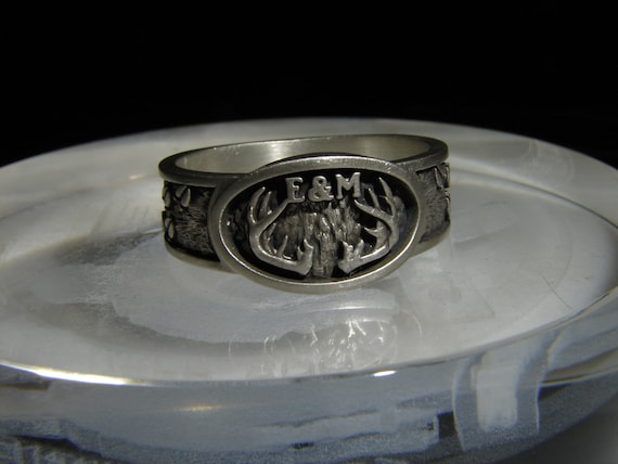 Deer antler ring, deer track ring with or without initials. Sportsman's ring or Hunter's ring