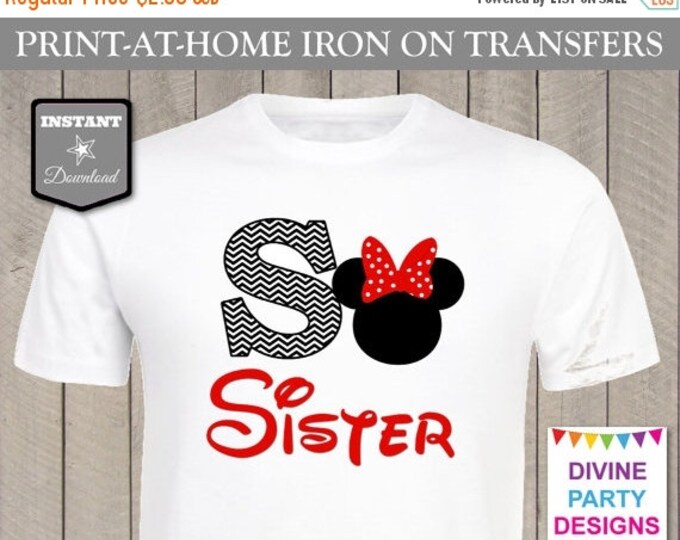 SALE INSTANT DOWNLOAD Print at Home Red Girl Mouse Chevron Sister Printable Iron On Transfer / Diy T-shirt / Family Trip / Party / Item #238