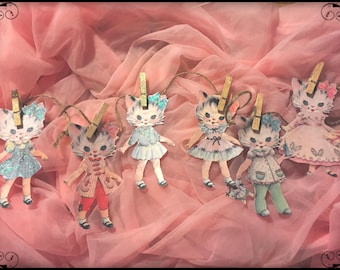 Betsy the Kitty Cat Kitten Paper Doll Garland Banner Bunting Shabby Chic Kitschy Kitsch Nursery Decor Birthday Paperdoll Party Decorations