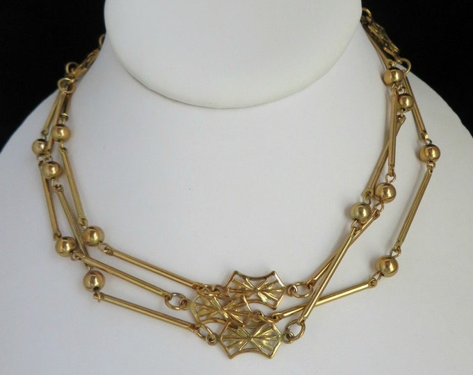 Vintage Long Japan Necklace, Gold Tone Bows and Beads Link Necklace