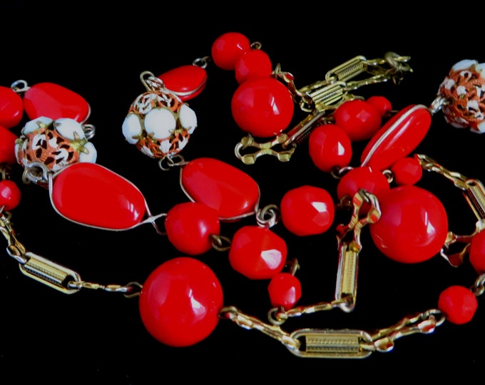 Hattie Carnegie Red and White Beaded Necklace, Vintage Designer Goldtone Necklace