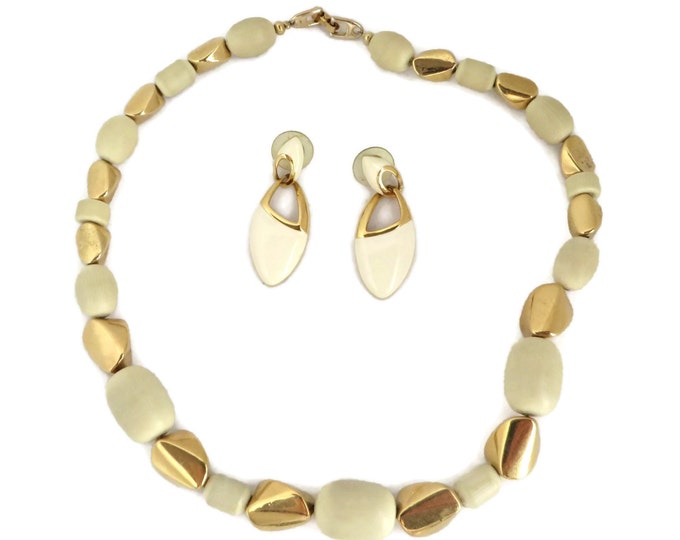 Napier Necklace and Earrings Set, Vintage Cream and Gold Tone Demi Parure