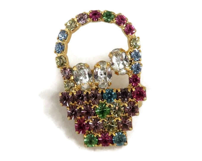 Vintage Rhinestone Fruit Basket Pin, Red, Green, Blue, Purple, Yellow, White Gold Tone Basket Pin