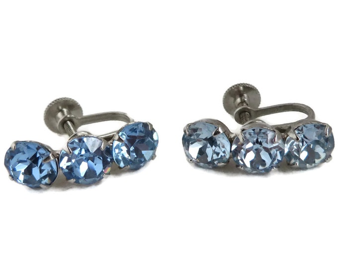 Blue Rhinestone Earrings Vintage Silver Tone Screwback Earrings, Bridal Jewelry