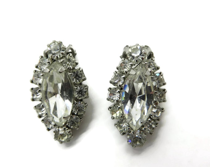 Weiss Oval Rhinestone Earrings, Vintage Clear Rhinestone Clip-on Earrings, Bridal Jewelry