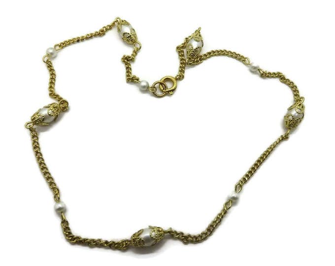 Vintage Gold Tone Faux Pearl Choker Chain Necklace